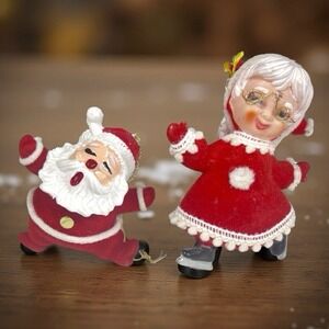 Vintage MCM Santa &‎ Mrs Claus Flocked Christmas Ornaments Holiday Felt Set of 2